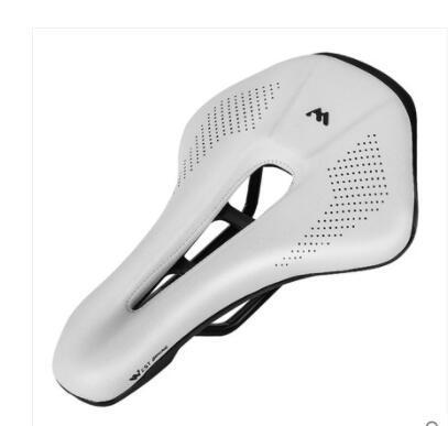White road bicycle saddle with brand logo on a white background