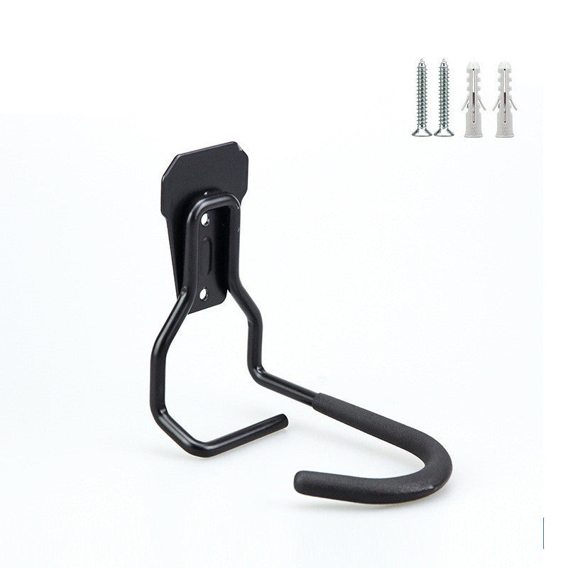 Black metal bicycle wall hook with screws on a white background
