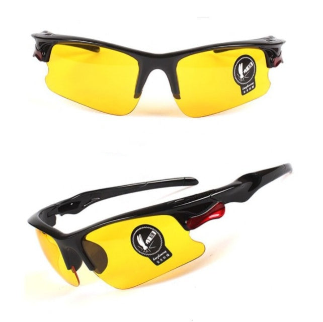 Yellow cycling sunglasses with black frames on a white background