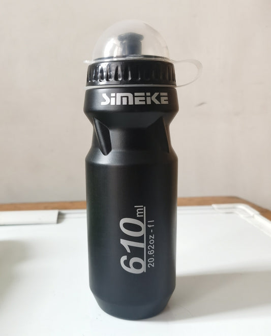 Black cycling water bottle with 'SIMEIKE' branding on a white surface