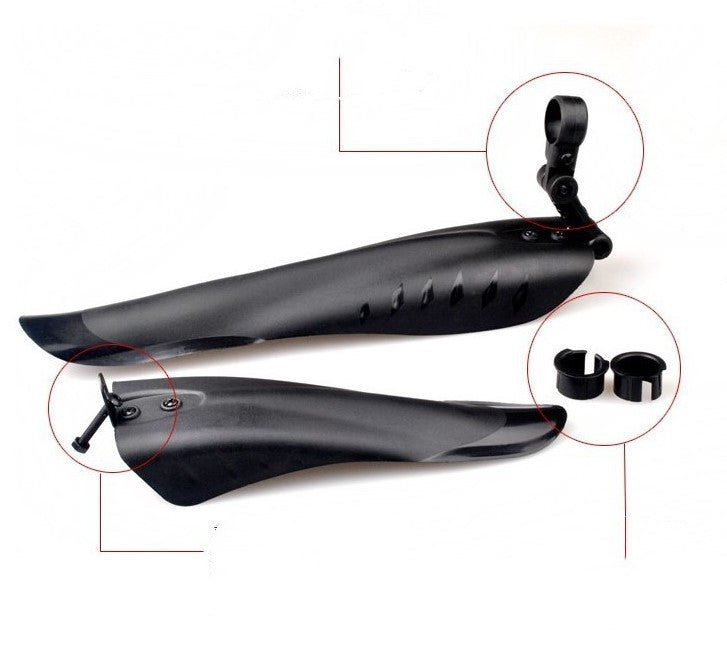 Black bicycle mudguards with mounting hardware on a white background