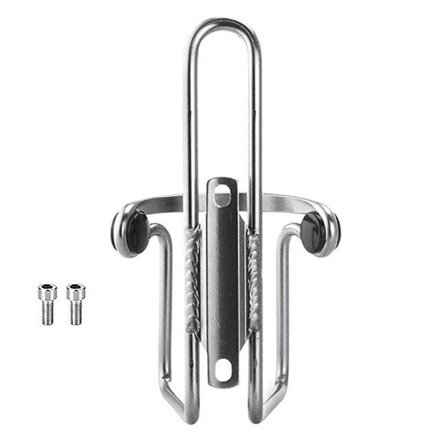 Metallic bicycle water bottle cage with screws on a white background