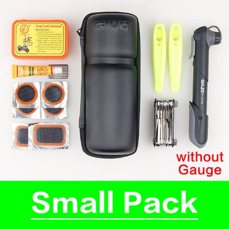 Black bicycle tool bag with a selection of bike repair tools including a puncture repair kit, pump, and tools on a white background.