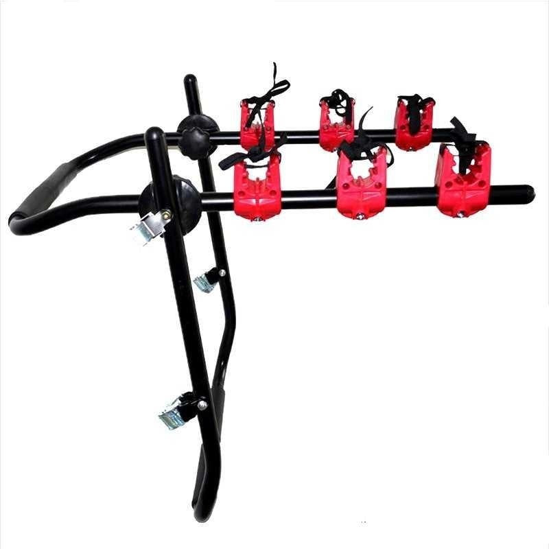 Black bike rack with red mounts on a white background