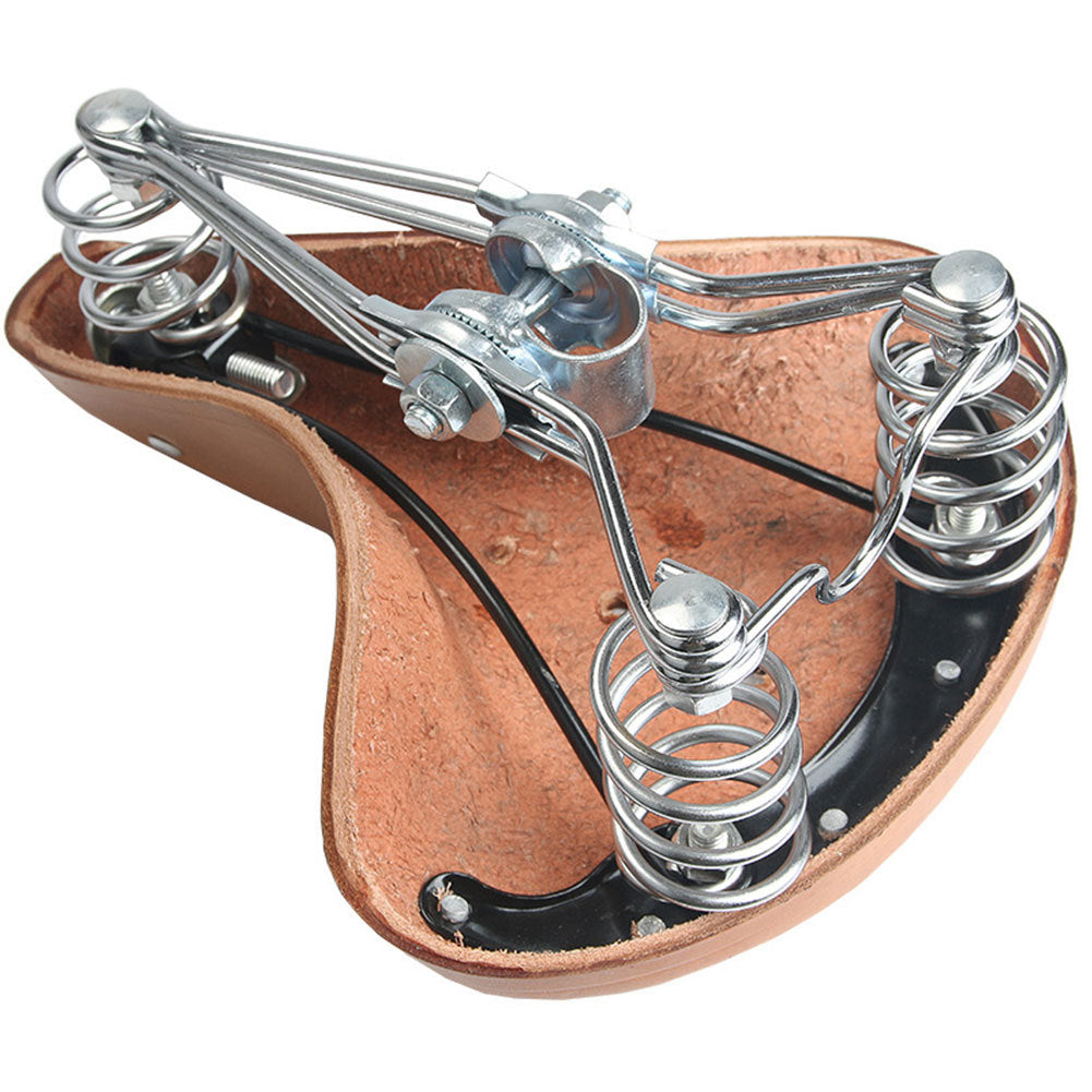 Leather bicycle saddle with steel springs on a white background