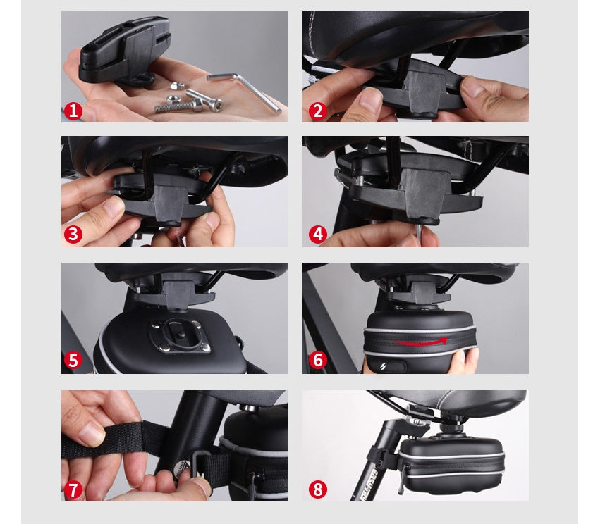 Step-by-step attachment instructions for a Compact Bicycle Saddle Bag.