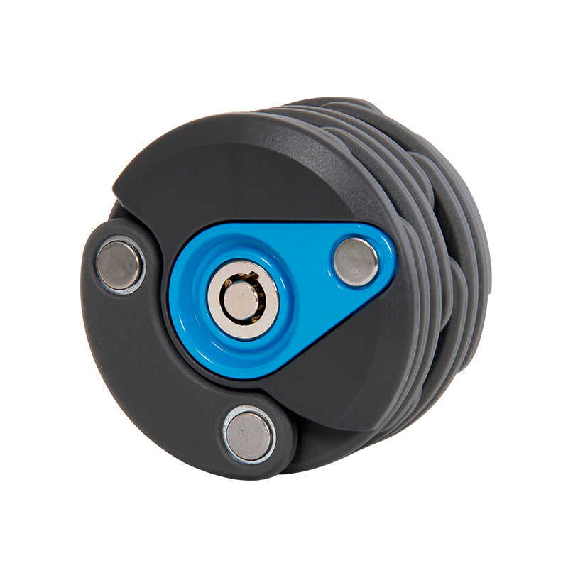 Extendable Bicycle Lock with blue center and gray casing on a white background