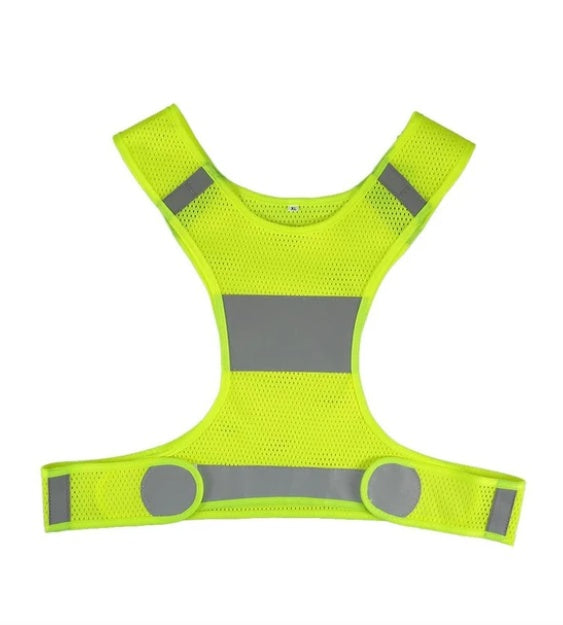 Yellow cycling vest with reflective stripes on a white background
