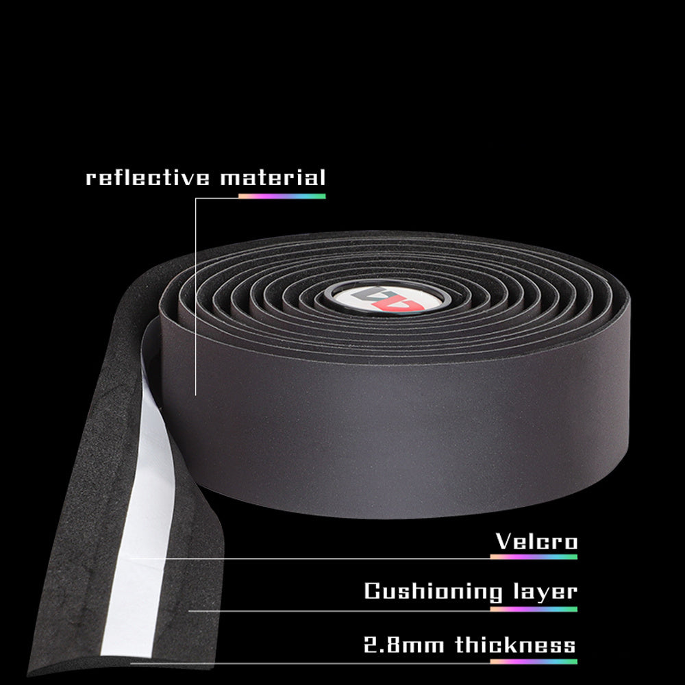 Roll of black bicycle handlebar tape with reflective material, velcro, cushioning layer, and 2.8mm thickness labeled on a black background.