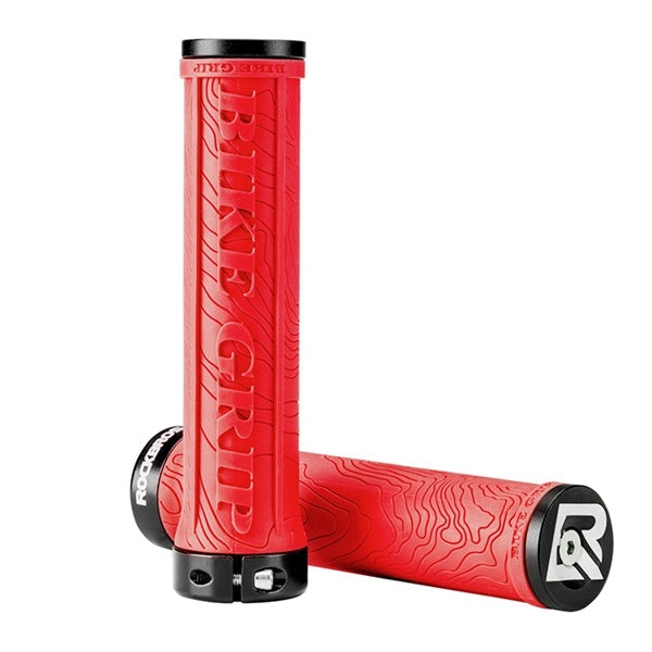Red bike handlebar grips with black ends on a white background
