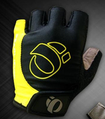Black and yellow short-fingered cycling glove with a logo on a dark background