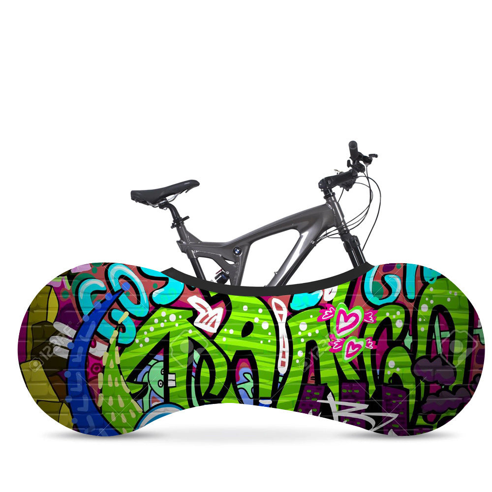 Bicycle with colorful graffiti-style dust cover on a white background