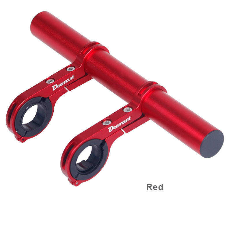 Double red aluminium bicycle handlebar accessory extension mount a white background