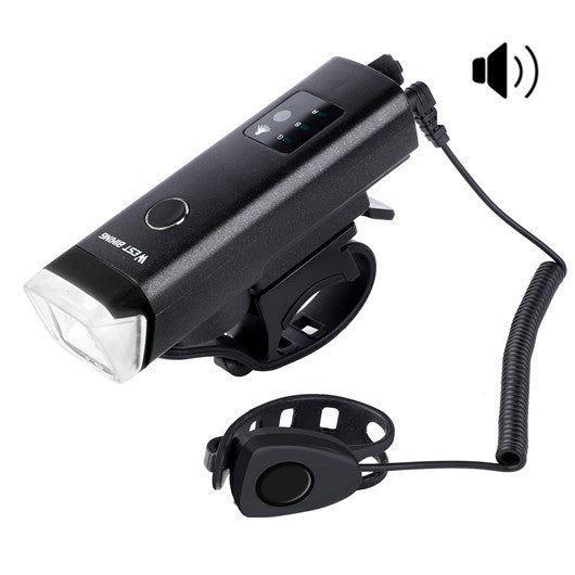 Black Rechargeable LED Front Bicycle Sensor Light with speaker on a white background