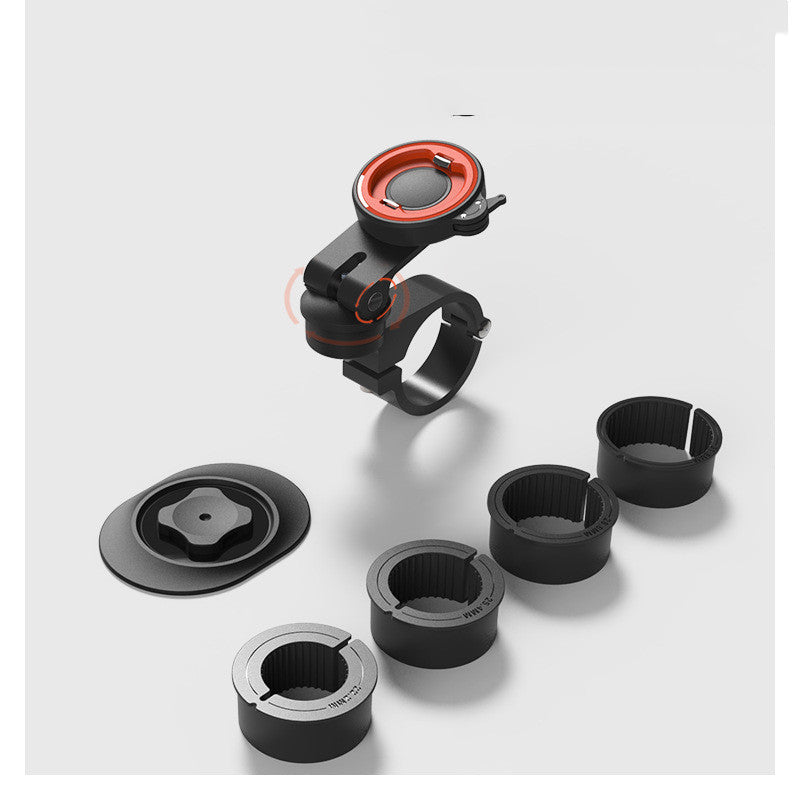 Black and red phone mount with multiple attachment points on a white background