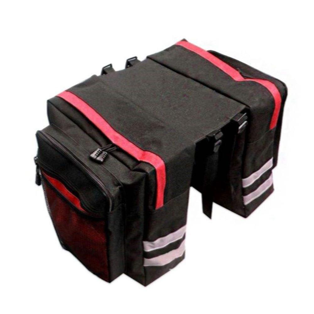 Black and red bicycle panniers with reflective strips on a white background