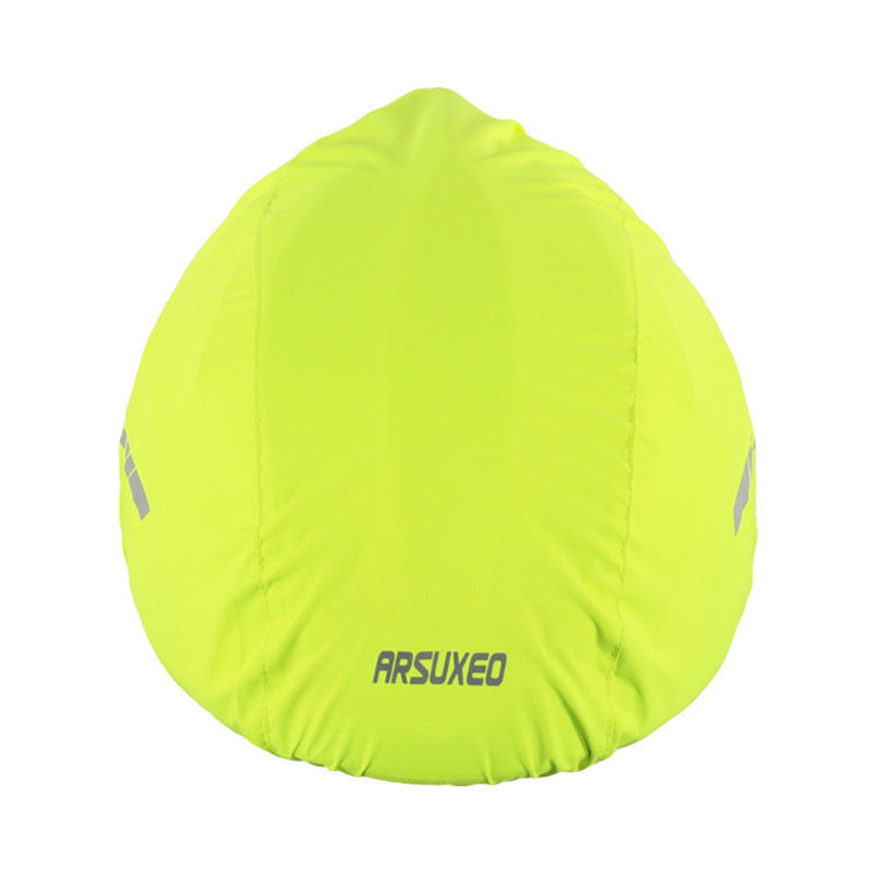 Neon yellow bicycle helmet cover with 'ARSUXEO' branding on a white background
