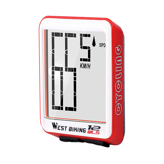Red and white cycling computer with digital display on a white background