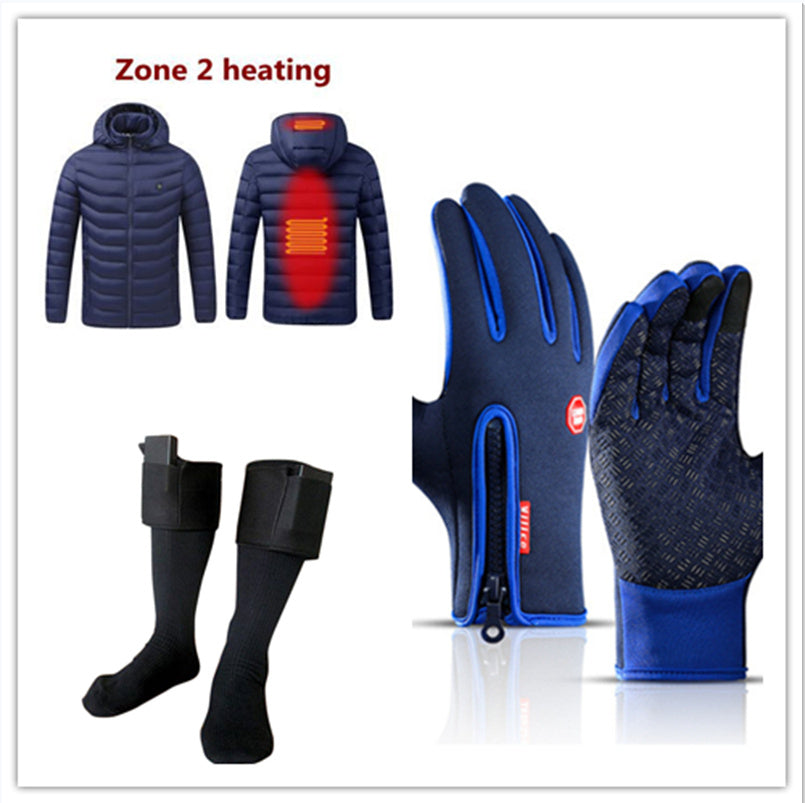 Black, water-resistant, touchscreen cycling gloves with non-slip textured palm and rear zip, blue puffer jacker and black leggings on a white background