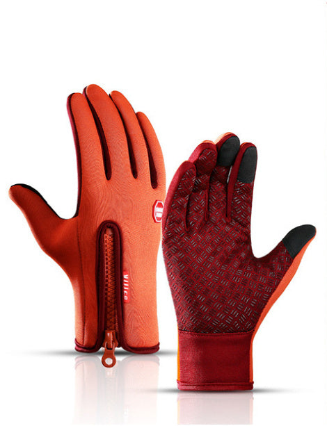 Orange, water-resistant, touchscreen cycling gloves with non-slip textured palm and rear zip on a white background