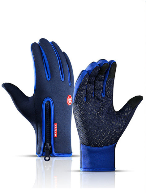 Blue, water-resistant, touchscreen cycling gloves with non-slip textured palm and rear zip on a white background