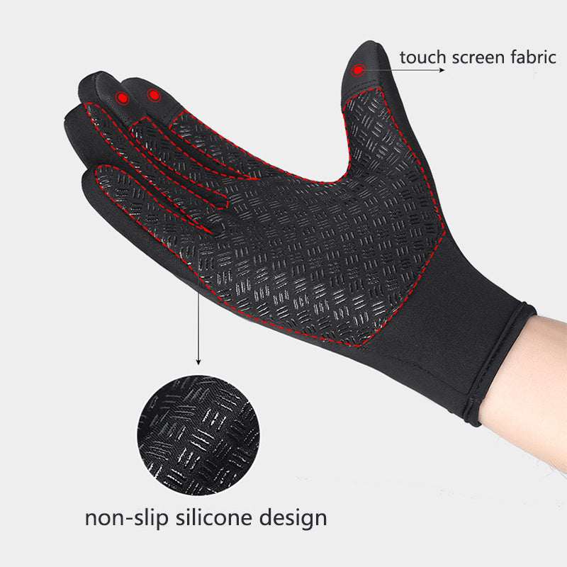 Black, water-resistant, touchscreen cycling gloves with non-slip textured palm and rear zip on a black background