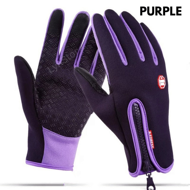 Purple touchscreen cycling gloves with textured palm and rear zipper on a white background