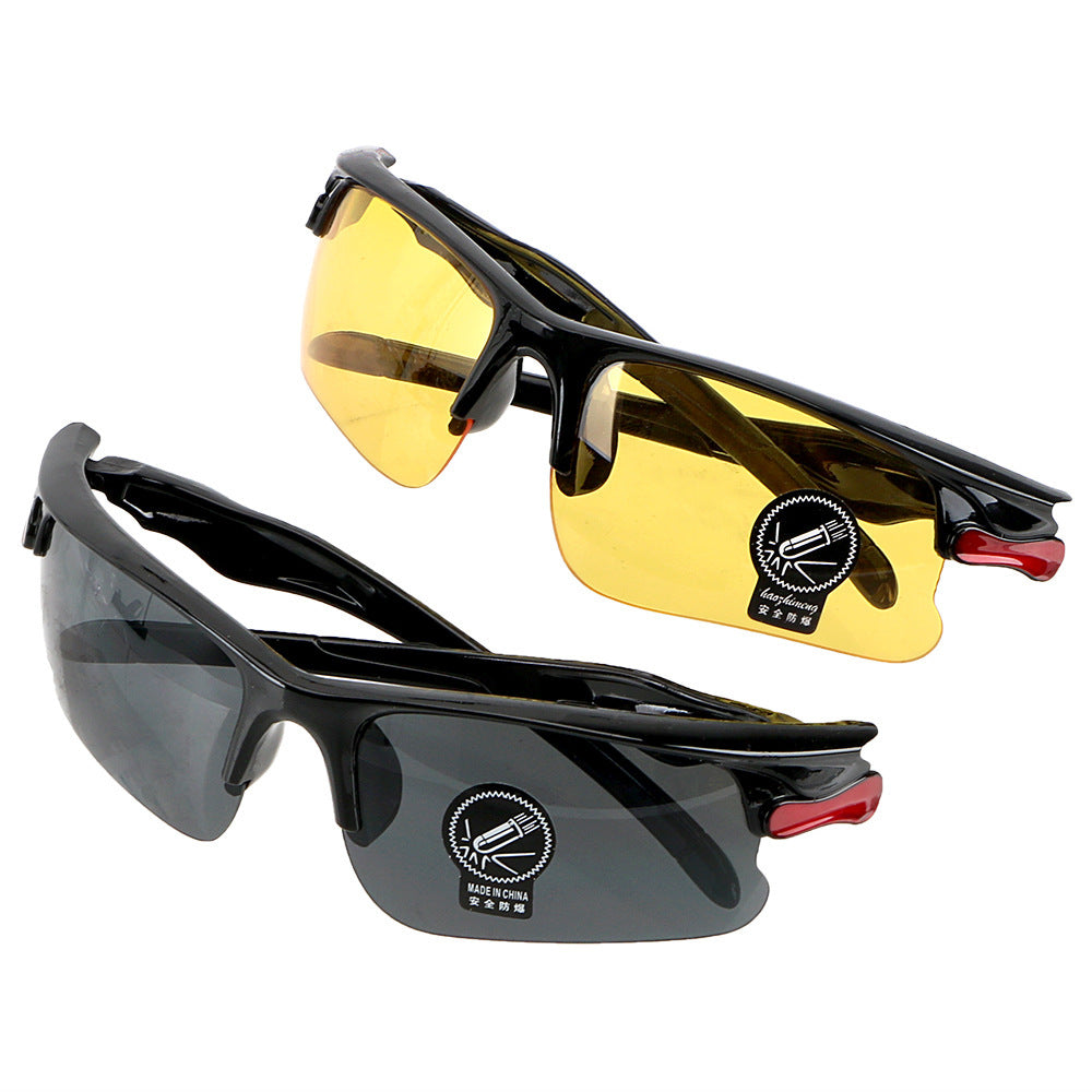 Two pairs of cycling sunglasses with yellow and black frames on a white background