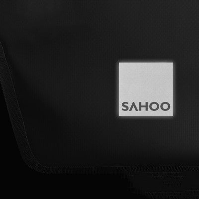 Black bicycle pannier with 'SAHOO' logo on a dark background