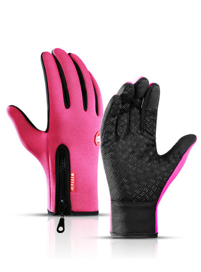 Pink, water-resistant, touchscreen cycling gloves with non-slip textured palm and rear zip on a white background