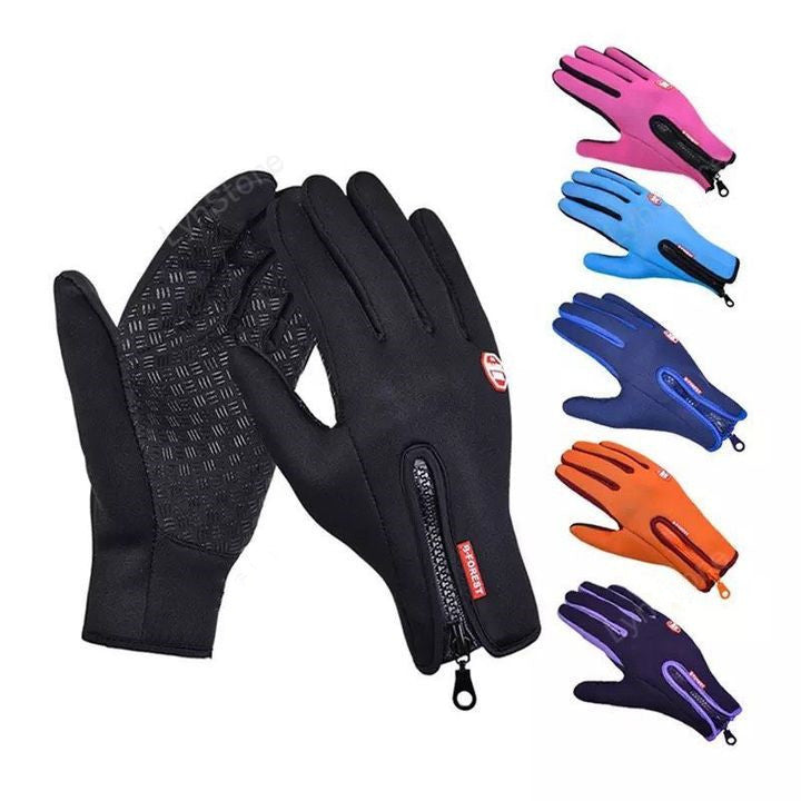 Black touchscreen cycling gloves with textured palm and rear zipp on a white background, together with pink, sky blue, blue, orange and purple versions of the same.