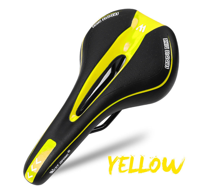 Yellow and black road bicycle saddle on a white background