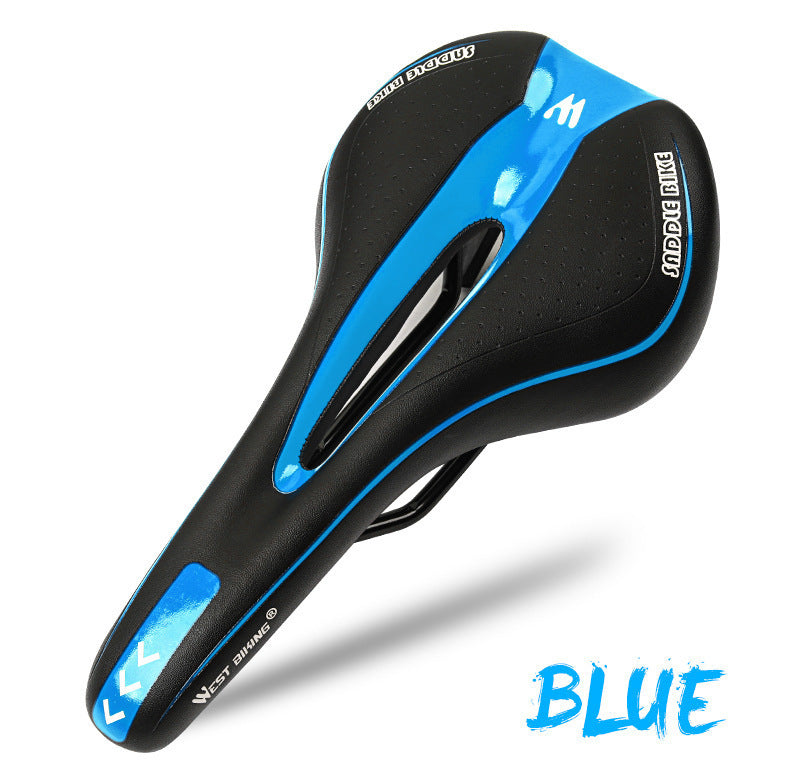 Blue and black road bicycle saddle on a white background