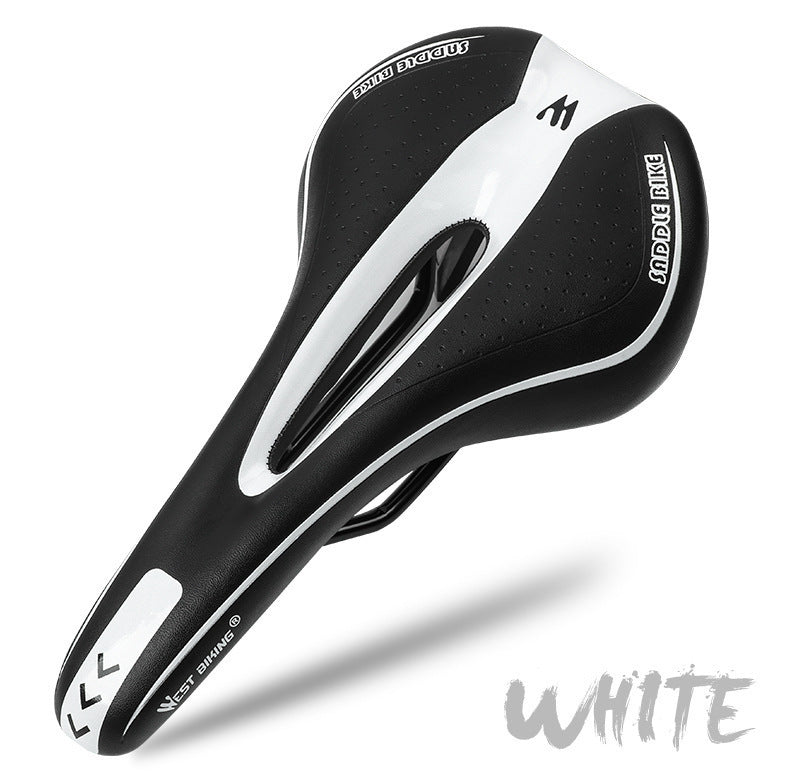 White and black road bicycle saddle on a white background