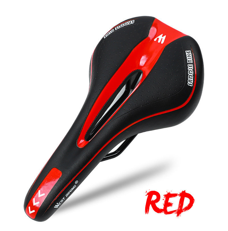 Red and black road bicycle saddle on a white background