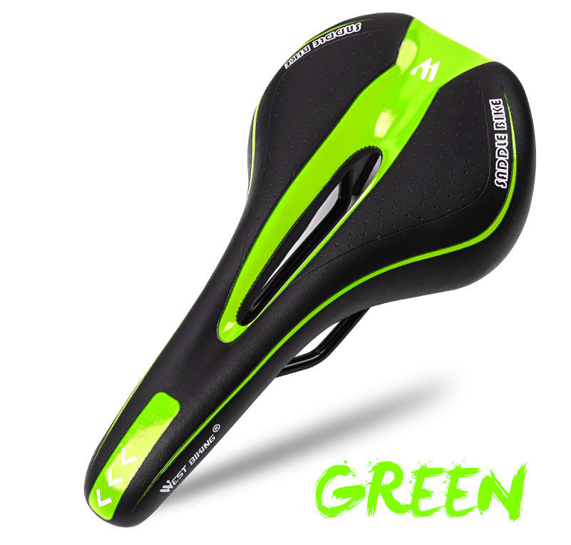Green and black road bicycle saddle on a white background