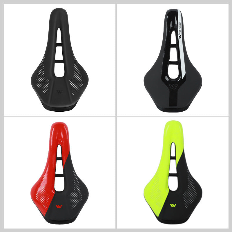 Four road bicycle saddles in different colors on a white background