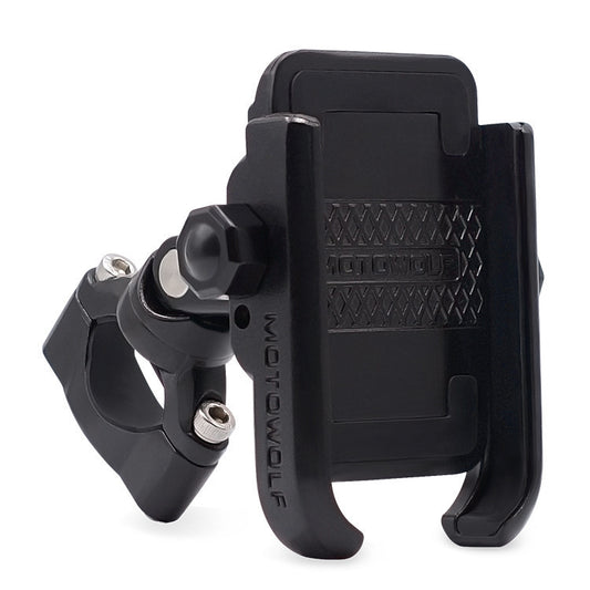 Black bicycle phone mount with 'Motowolf' branding on a white background