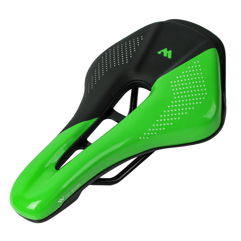 Green and black bicycle saddle on a white background