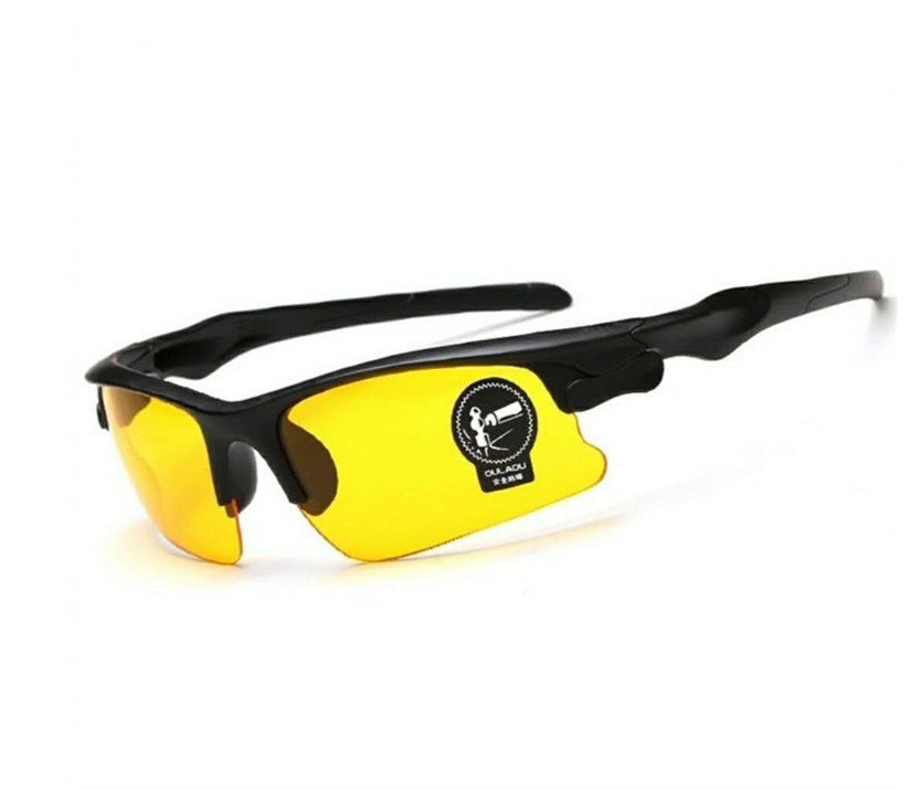 Black-framed cycling sunglasses with yellow lenses on a white background