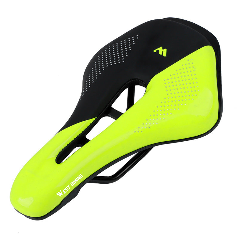 Road bicycle saddle with black and neon yellow design on a white background