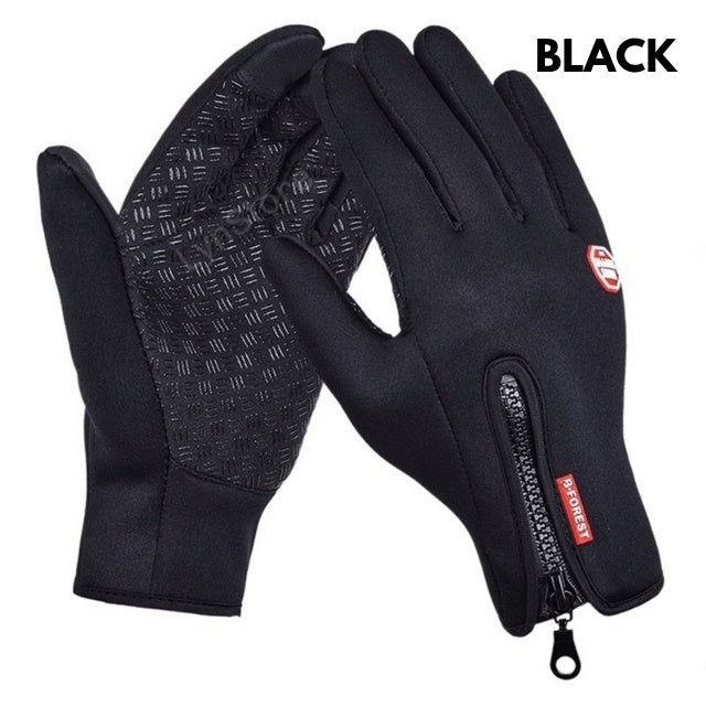 Black, water-resistant, touchscreen cycling gloves with textured palm and rear zip on a black background