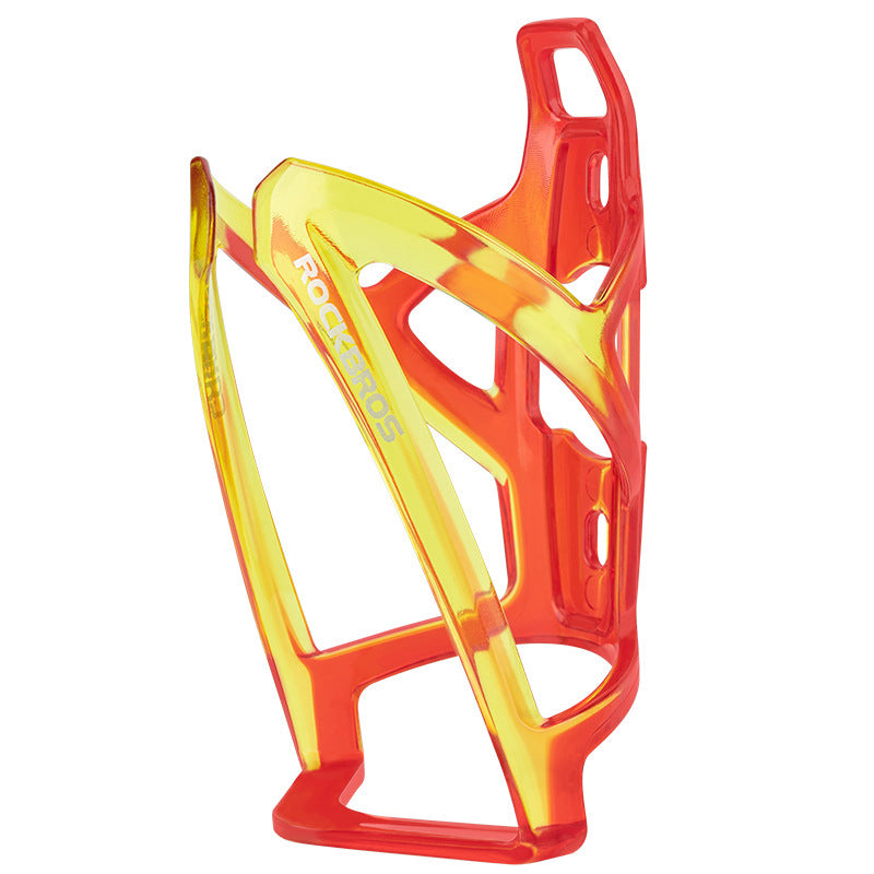 Bicycle water bottle cage with red and yellow design on a white background