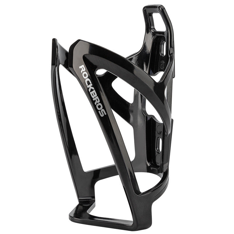 Black bicycle bottle cage with 'RockBros' branding on a white background