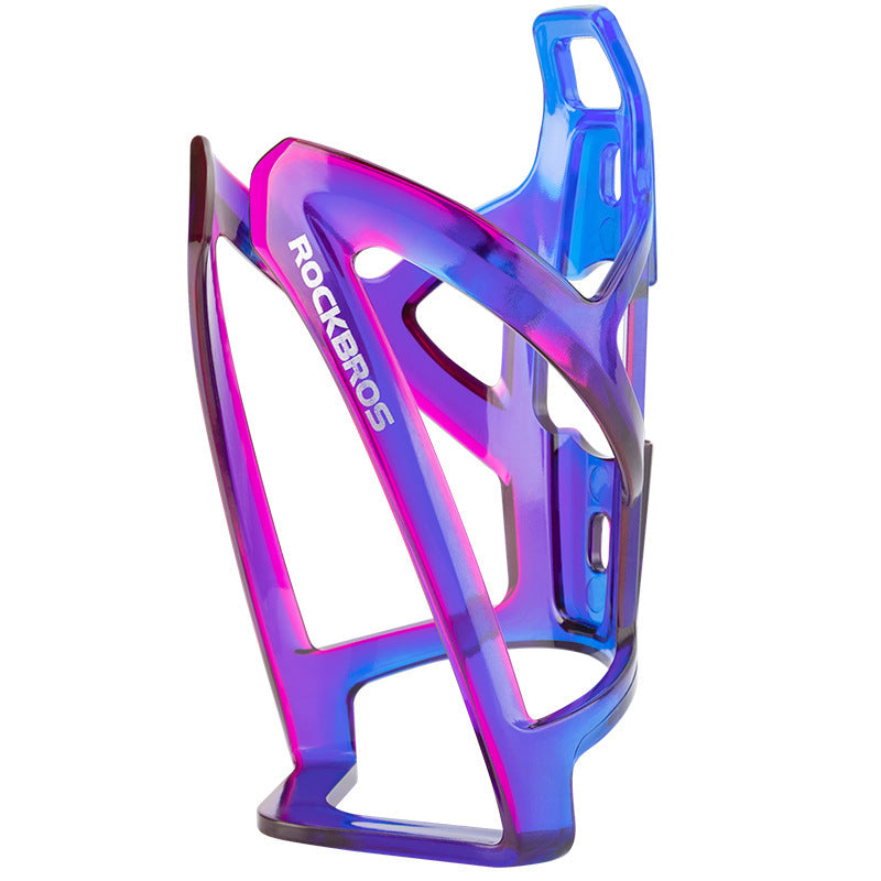 Multicolored bicycle bottle cage with 'Rock Bros' branding on a white background