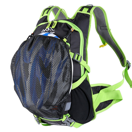 Black and green bicycle backpack with a mesh side pocket on a white background