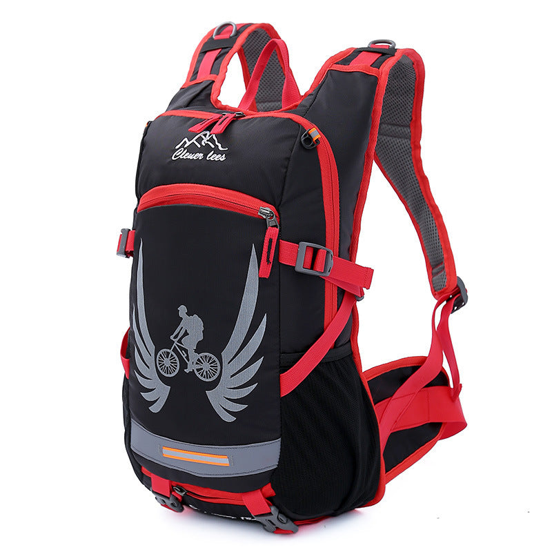 Black and red bicycle backpack with a cyclist design on a white background