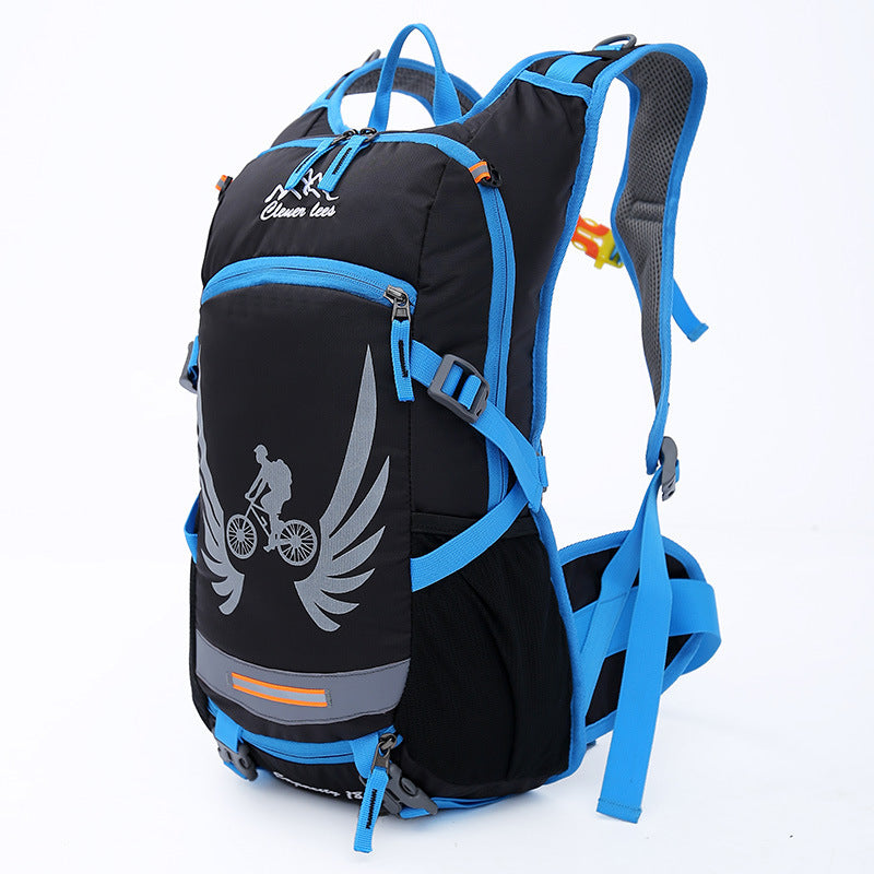 Black and blue bicycle backpack with wing design on a white background