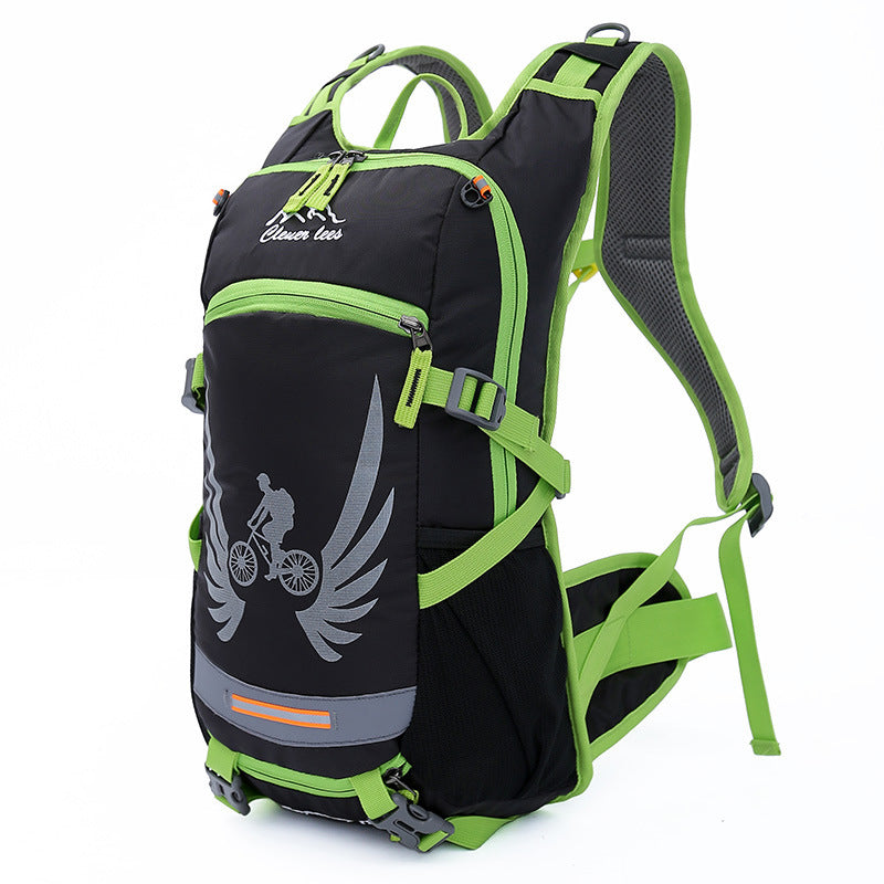 Black and green bicycle backpack with a cyclist graphic on a white background