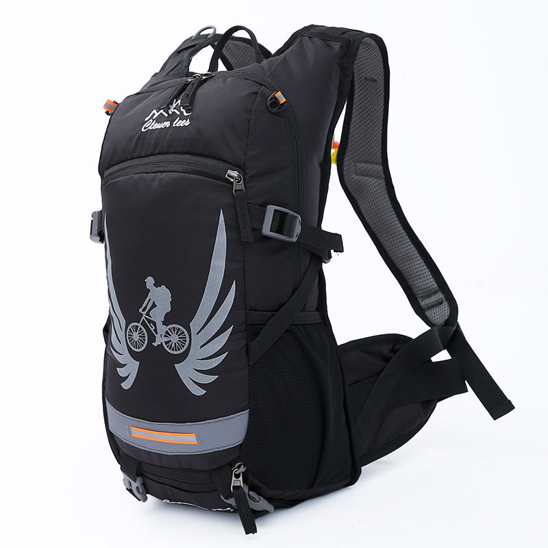 Black bicycle backpack with winged bicycle design on a white background